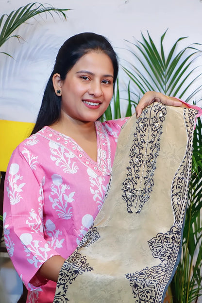 Beige crepe unstitched suit set, kurta fabric with embroidered neckline