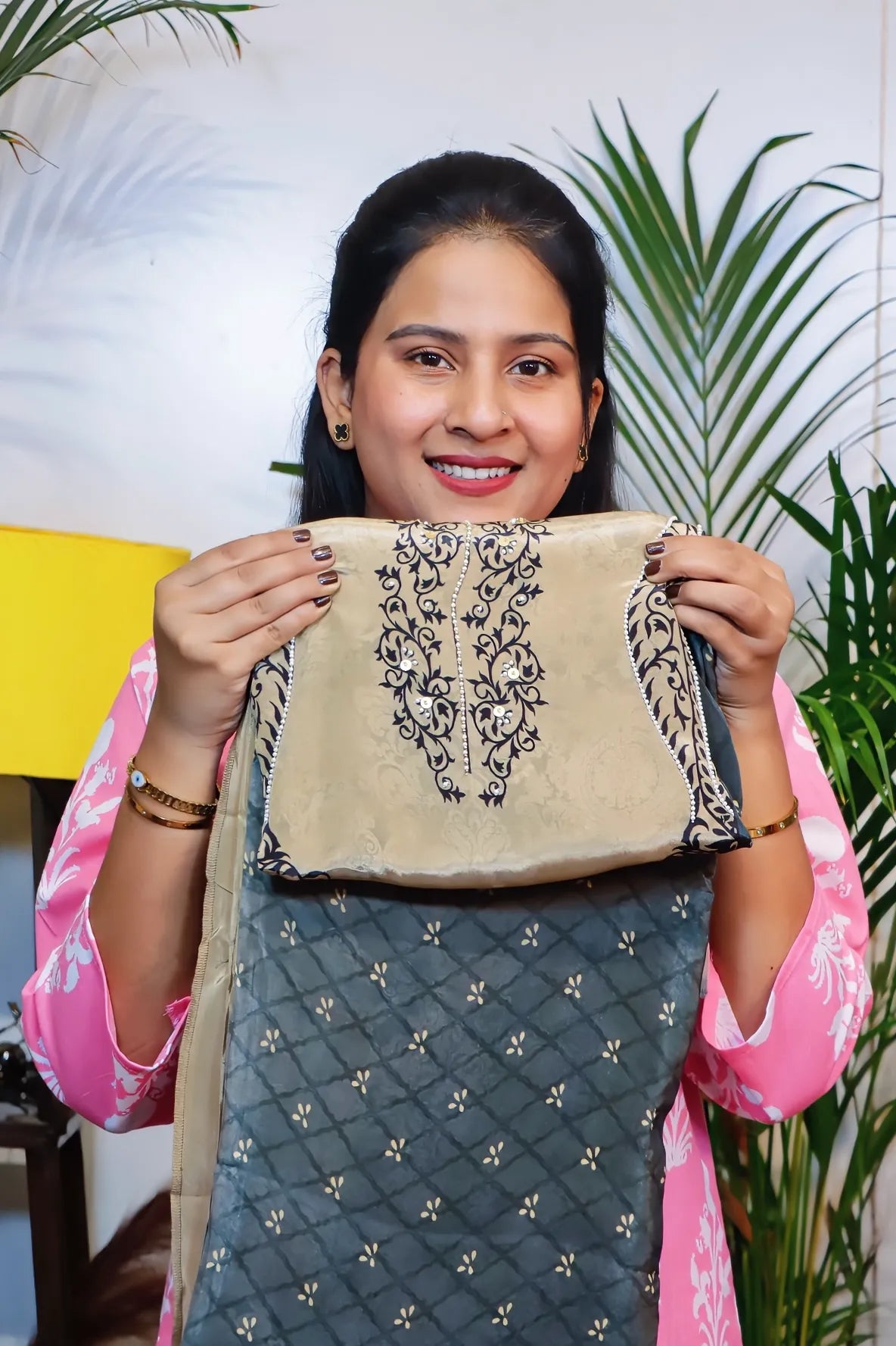 Beige crepe unstitched suit set, kurta fabric with the printed grey fabric