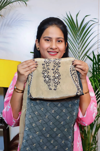 Beige crepe unstitched suit set, kurta fabric with the printed grey fabric