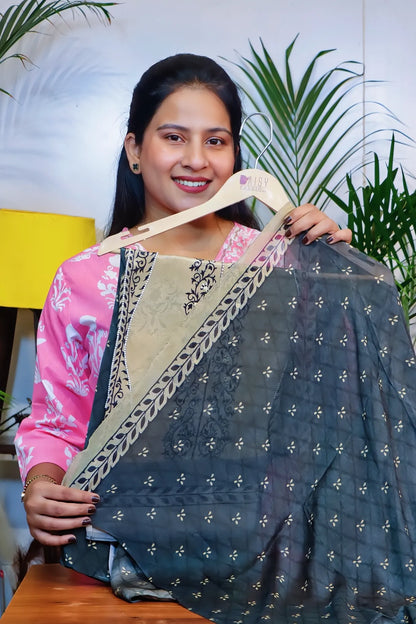 Beige crepe unstitched suit set, printed grey fabric held open