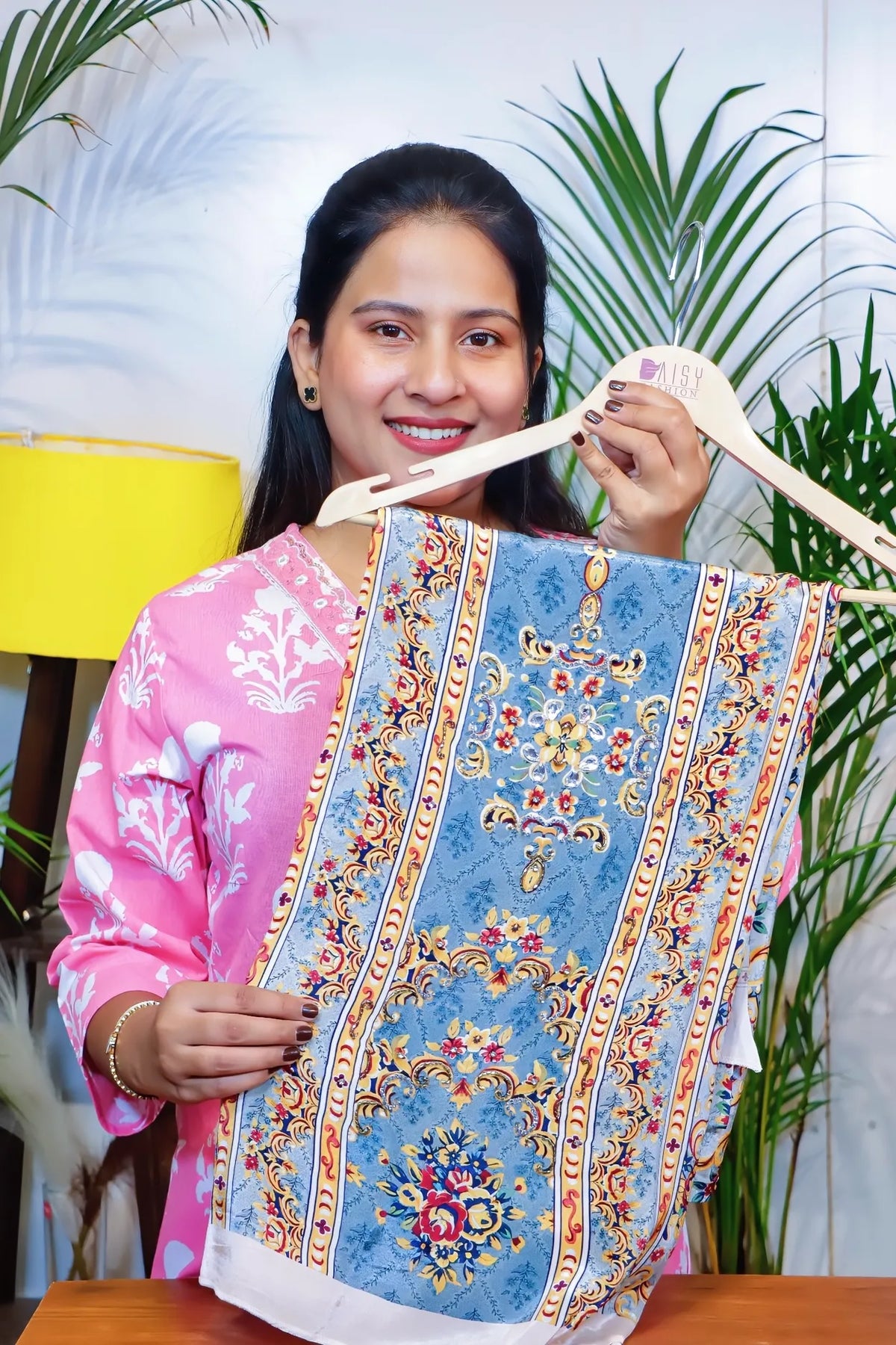 Blue crepe unstitched suit set, printed kurta fabric with embroidered neckline