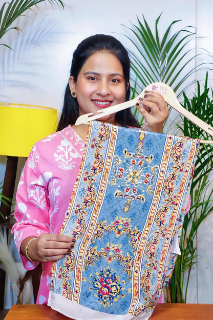 Blue crepe unstitched suit set, printed kurta fabric with embroidered neckline