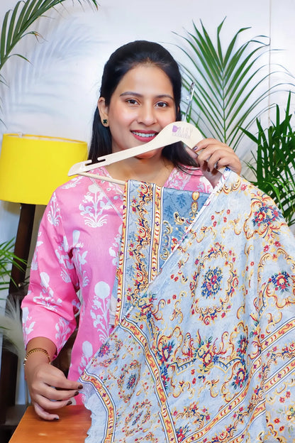 Blue crepe unstitched suit set, kurta fabric and printed dupatta