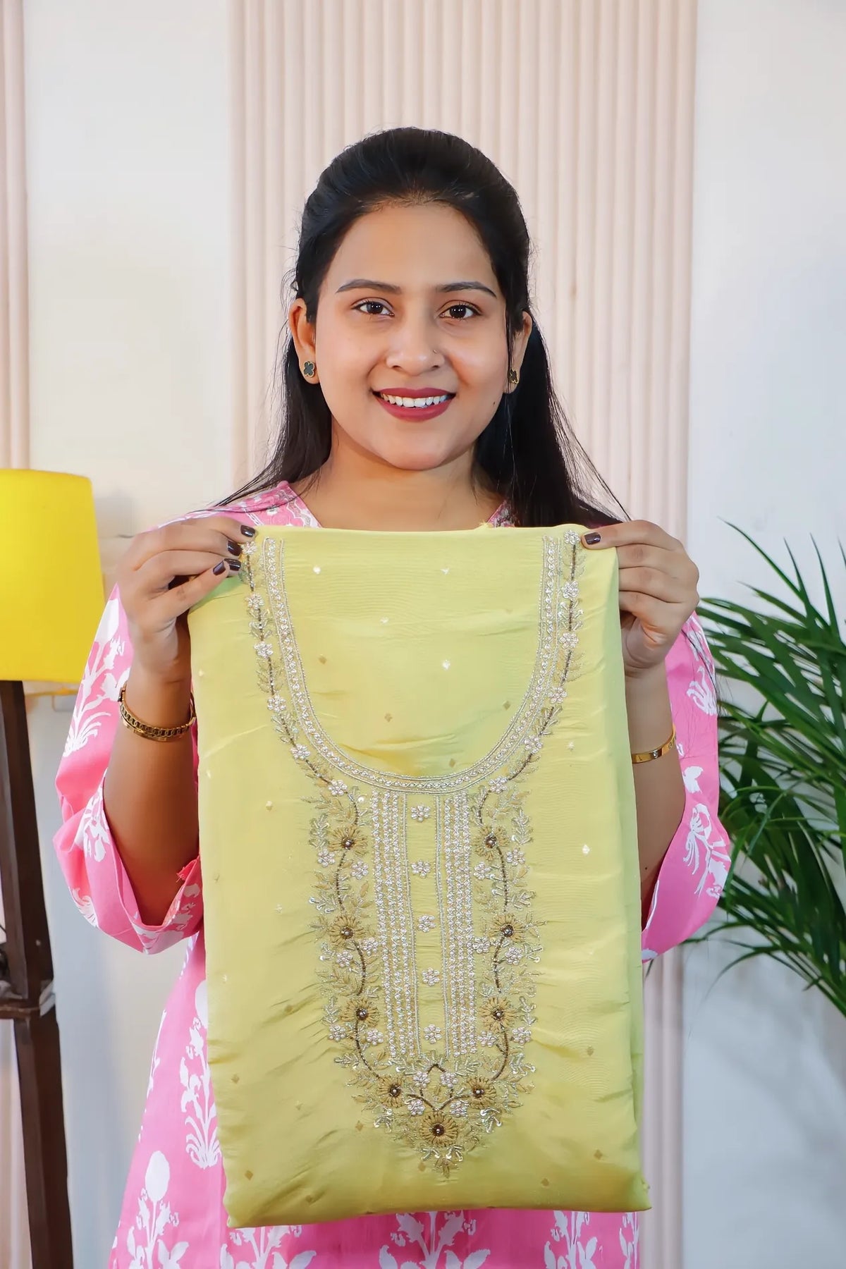 Lime green chanderi unstitched suit set, kurta fabric with embroidered neckline