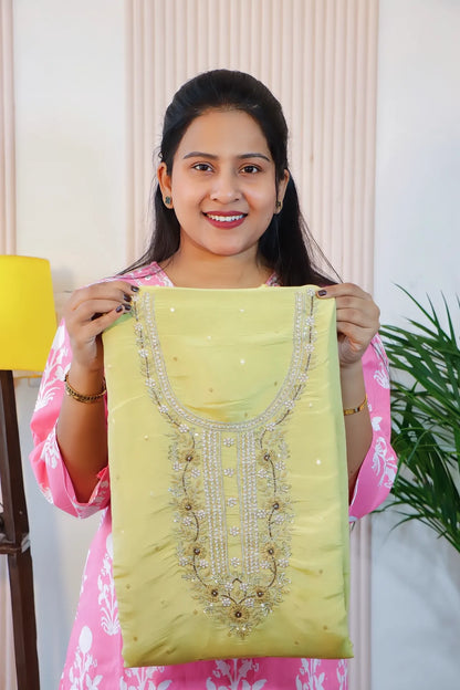 Lime green chanderi unstitched suit set, kurta fabric with embroidered neckline