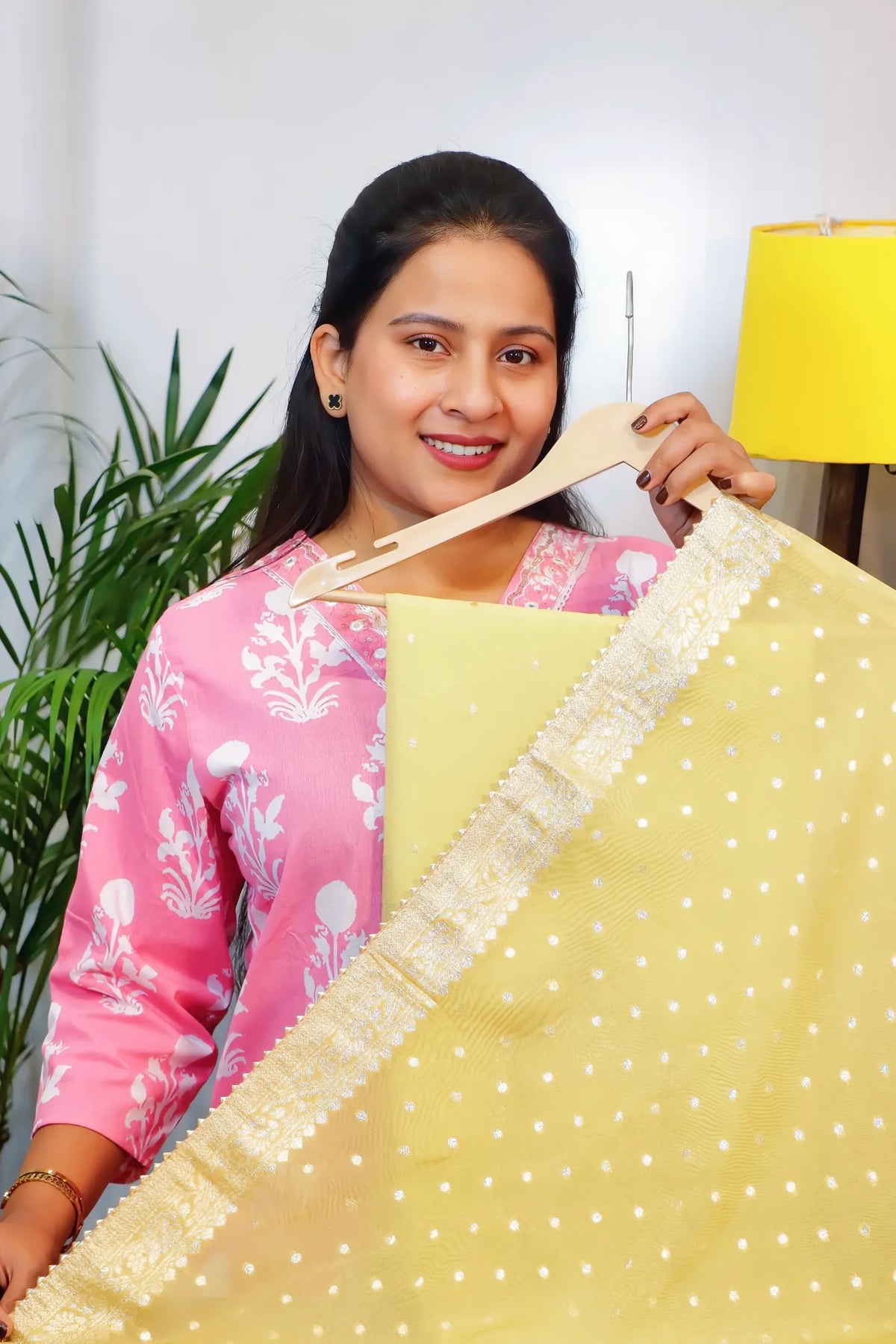 Lime green chanderi unstitched suit set, dupatta held open