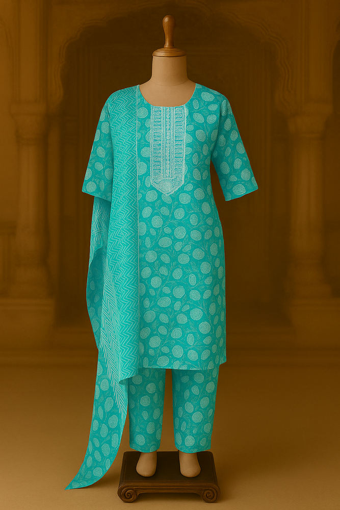 Aqua Blue Printed Cotton Suit