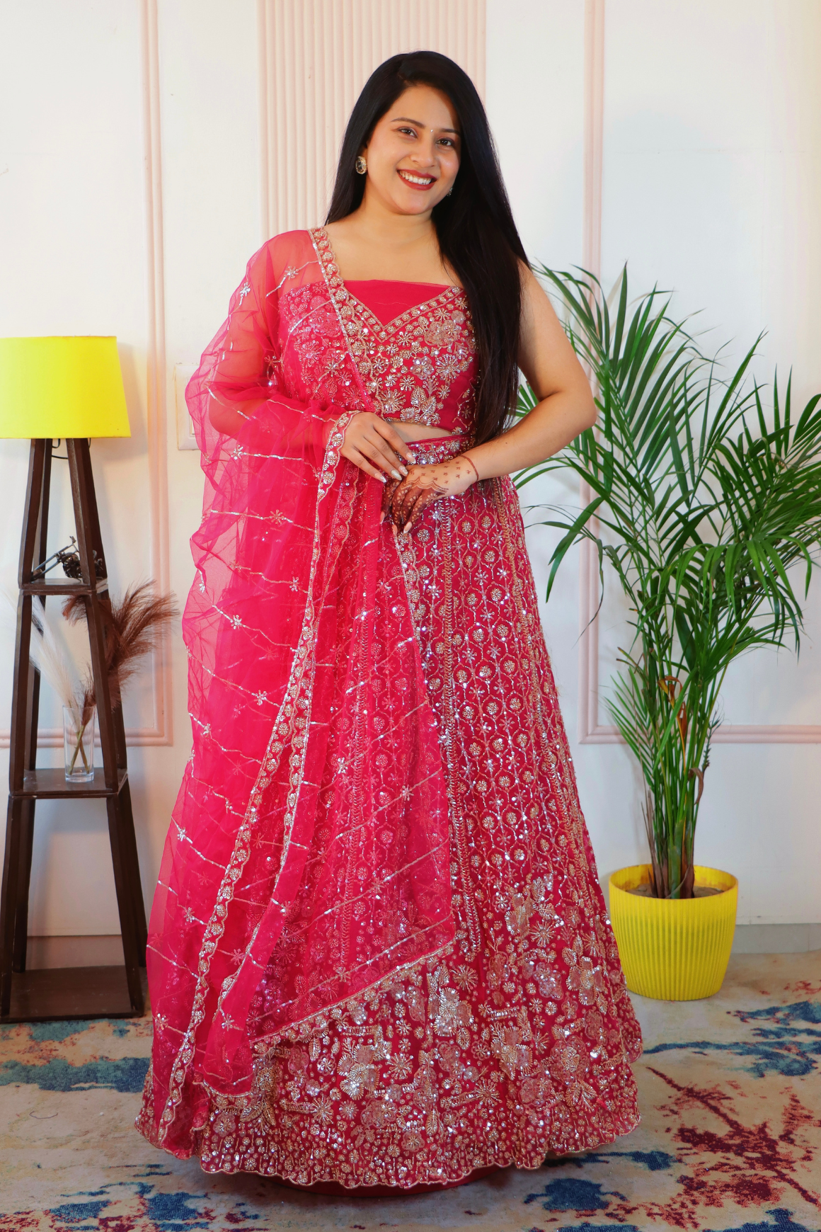 Magenta Pink Net Unstitched Crop Top Lehenga