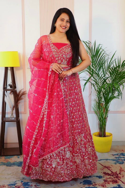 Magenta Pink Net Unstitched Crop Top Lehenga