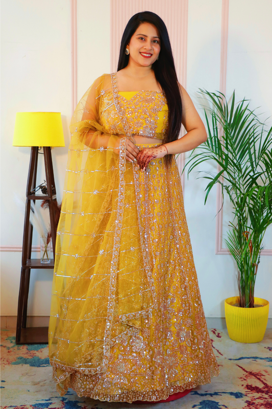 Mustard Yellow Unstitched Crop Top Lehenga