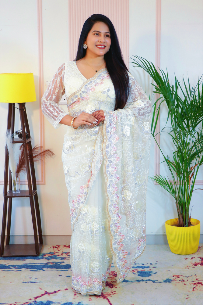 Elegant Cream Net Embroidered Saree