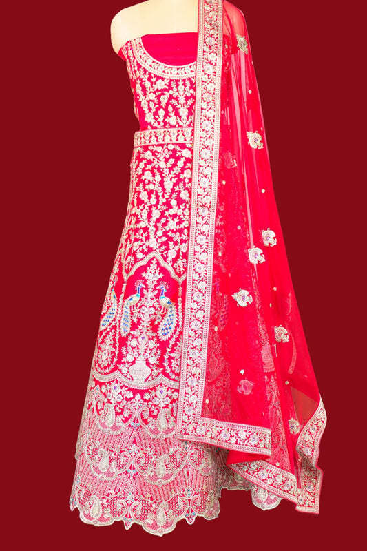 Tomato Red Raw Silk Bridal Lehenga
