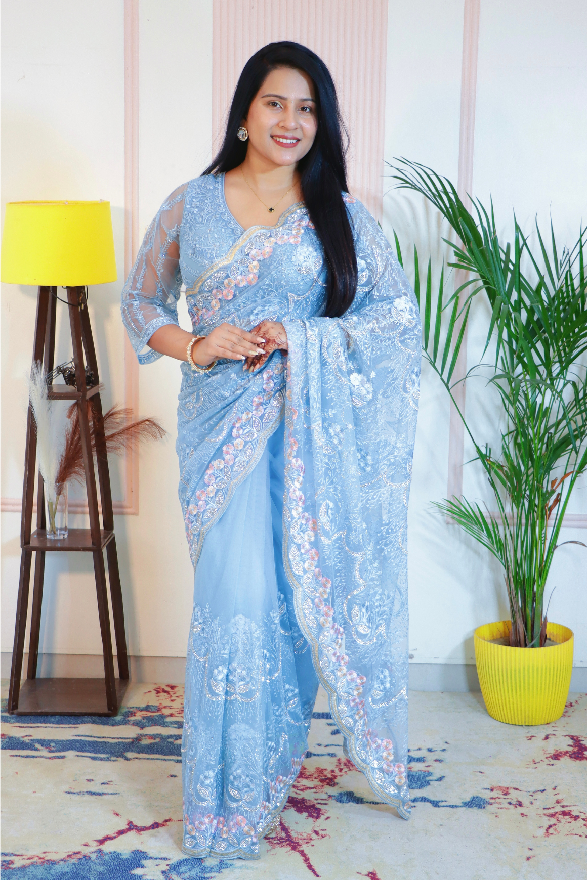 Elegant Blue Net Embroidered Saree