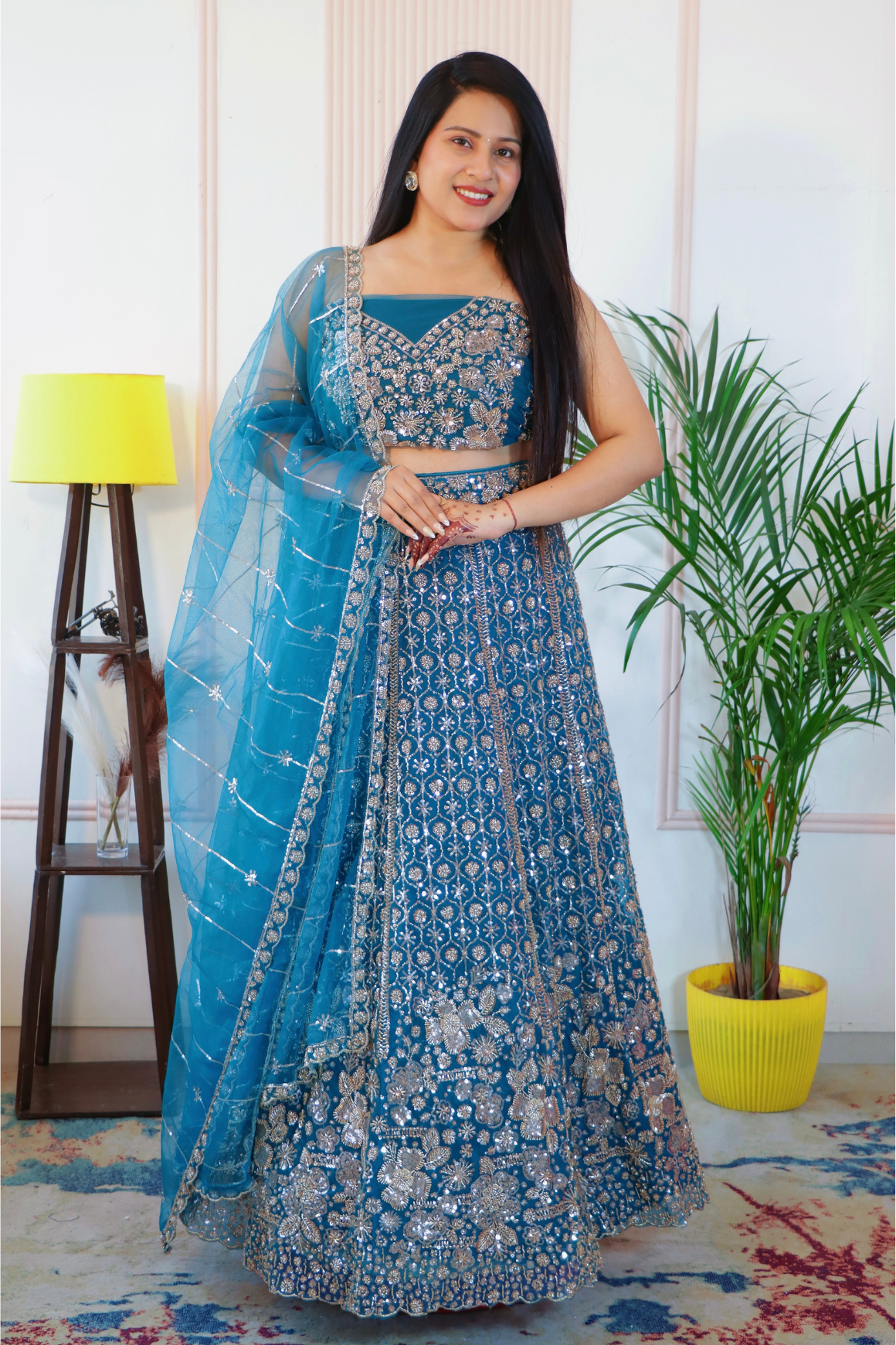 Royal Blue Net Unstitched Crop Top Lehenga