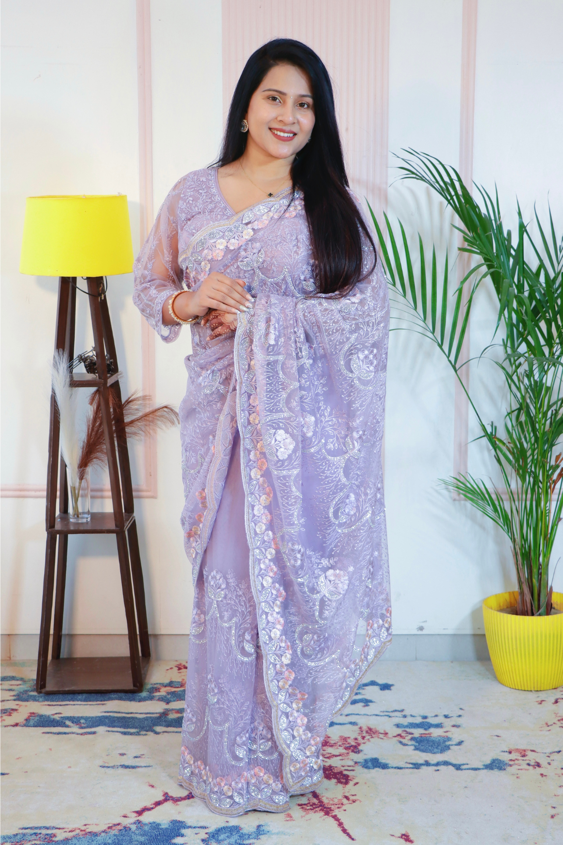 Elegant Lilac Net Embroidered Saree