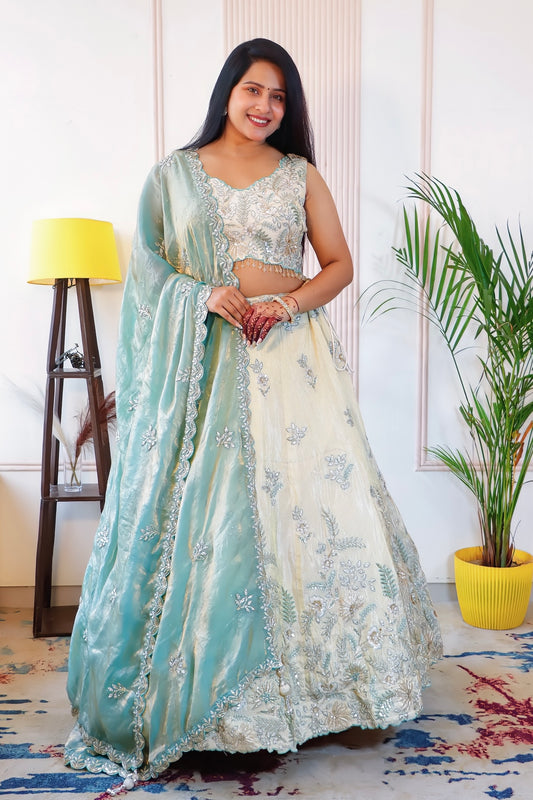 Off White & Green Lehenga