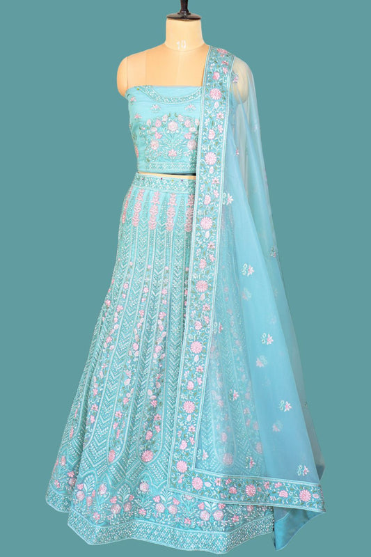 Light Blue Net Crop Top Lehenga