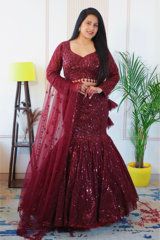 Maroon Net Fish Cut Lehenga