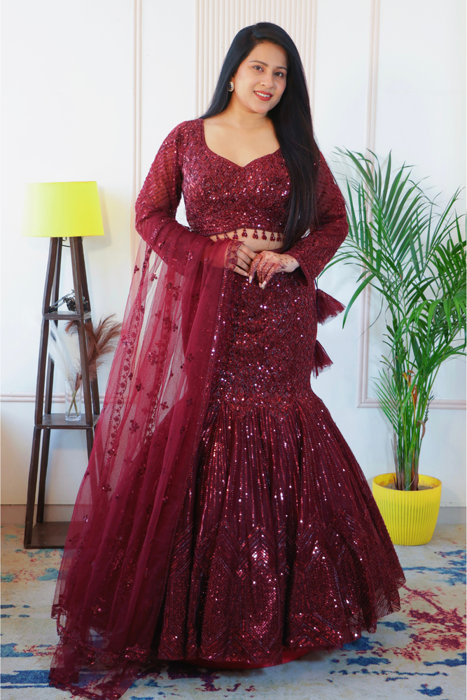 Maroon Net Fish Cut Lehenga