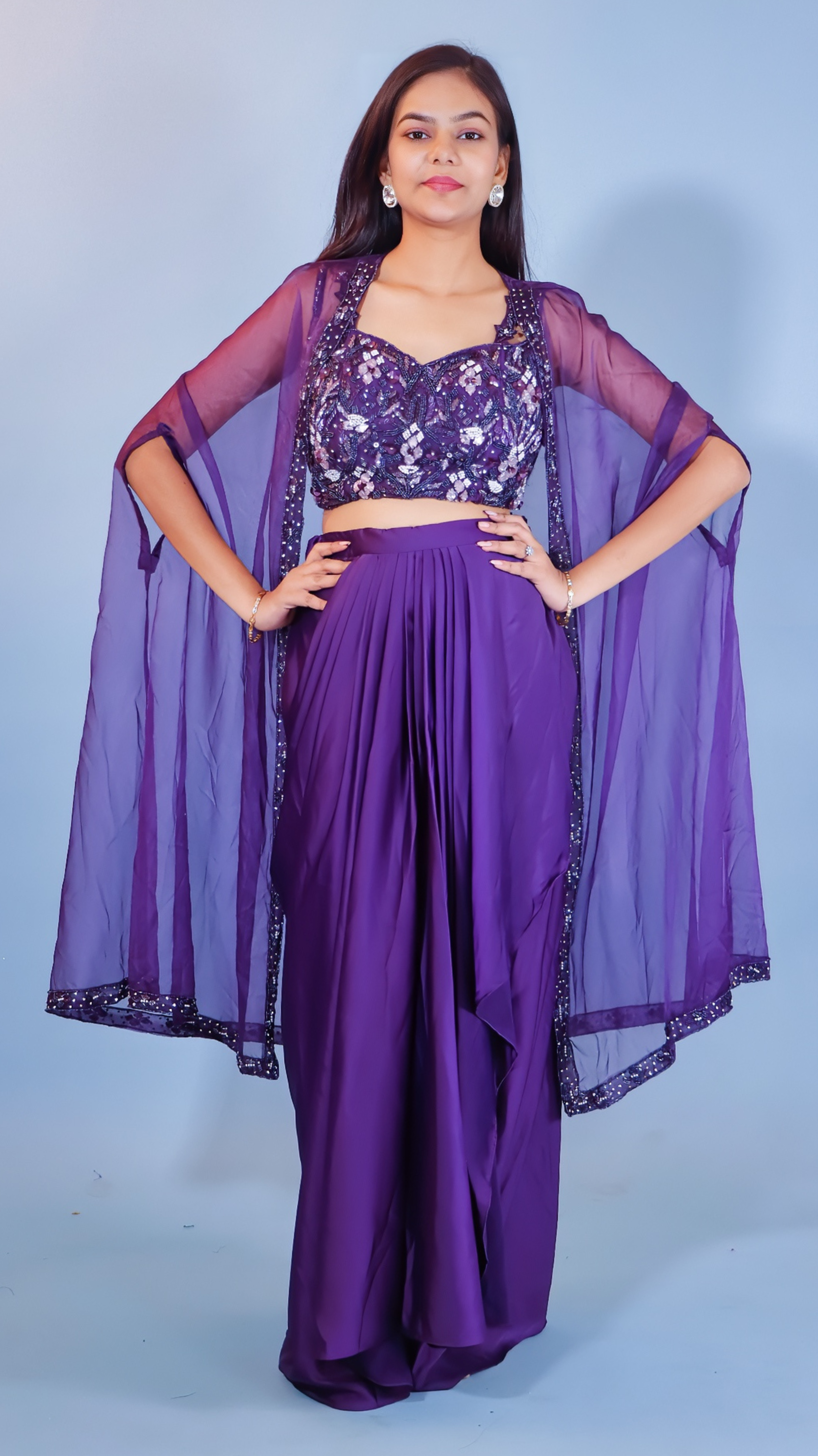 Purple Dhoti Style Dress with Shrug – Satin Silk