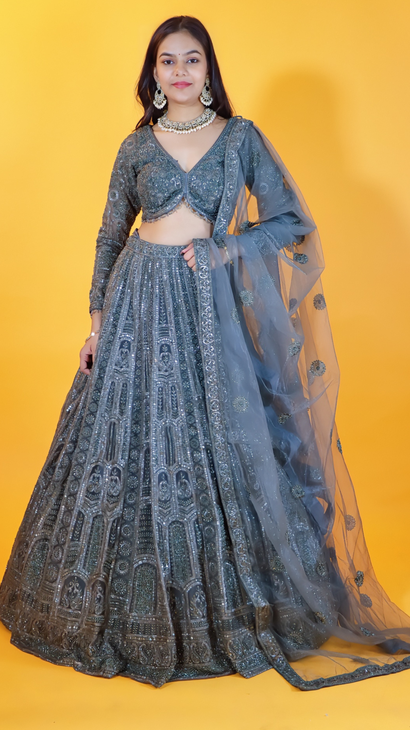 Green Lehenga with Thread Embroidery