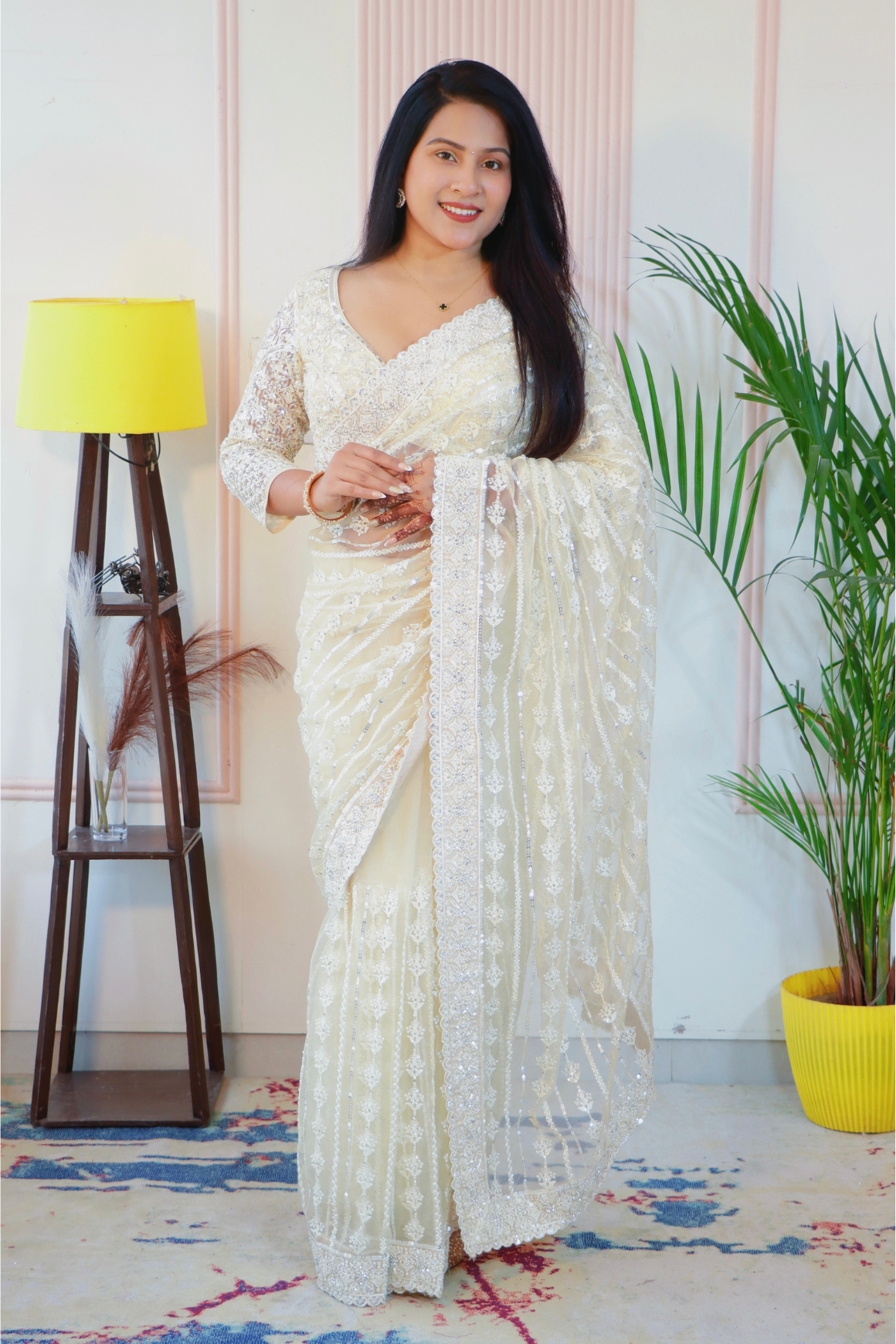 Cream Net Saree