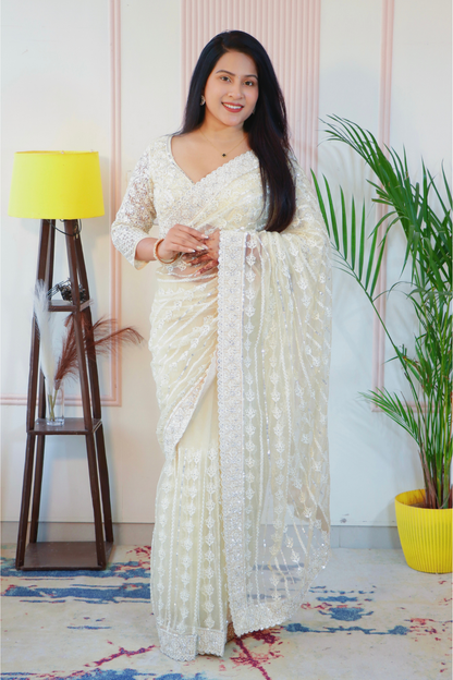 Cream Net Saree