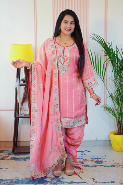 Peach & Maroon Short Kurti with Tulip Pant & Dupatta