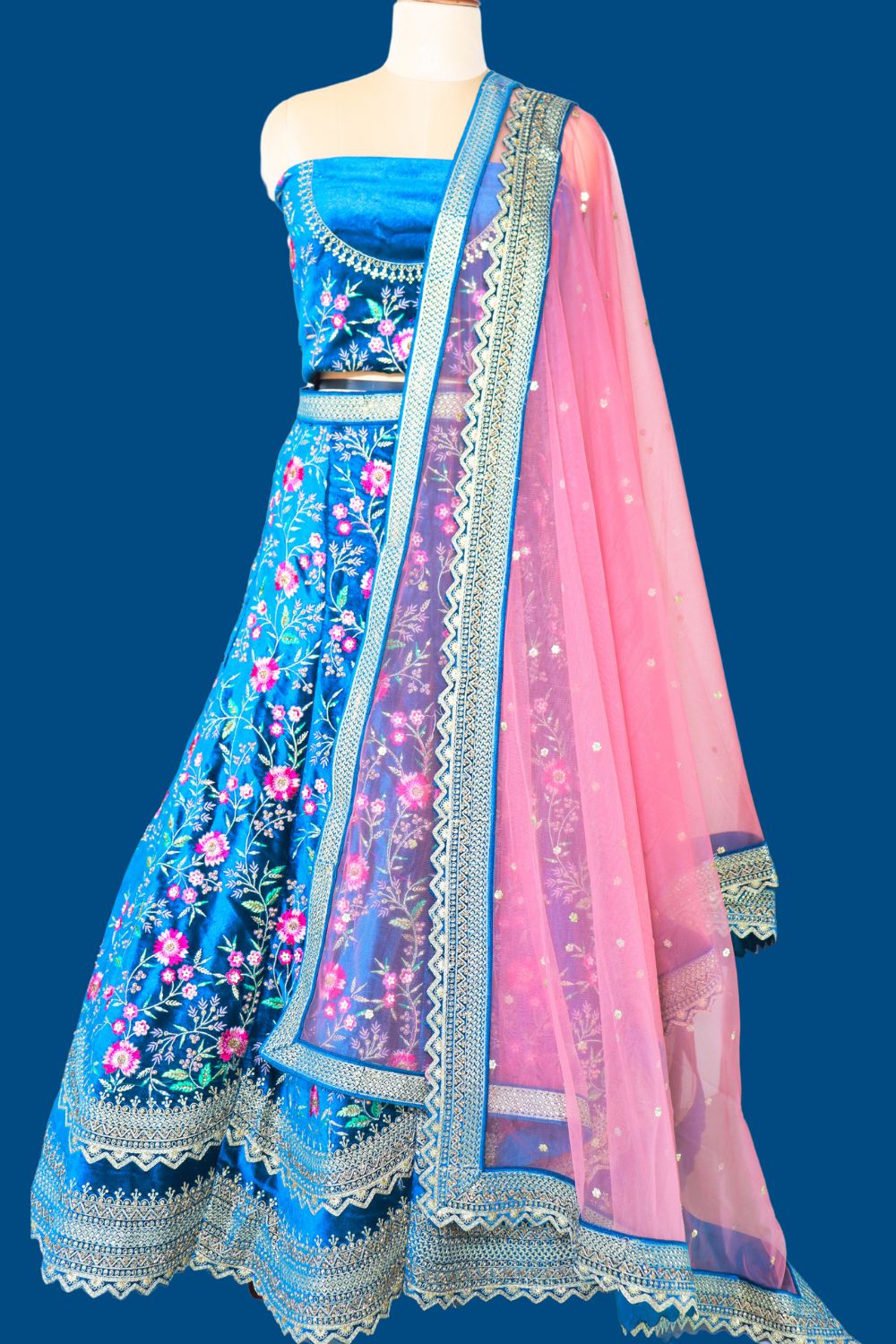 Peacock Blue Velvet Bridal Lehenga
