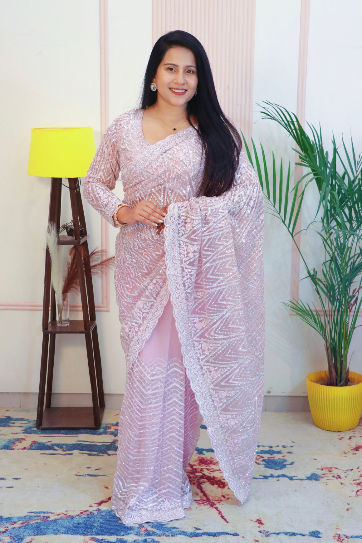 Elegant Pink Net Saree
