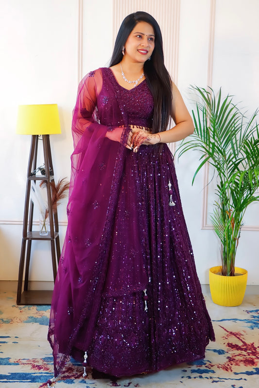 Elegant Wine Net Crop Top Lehenga