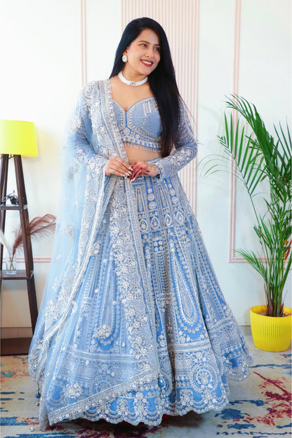 Teal Blue Sparkle Crop Top Lehenga