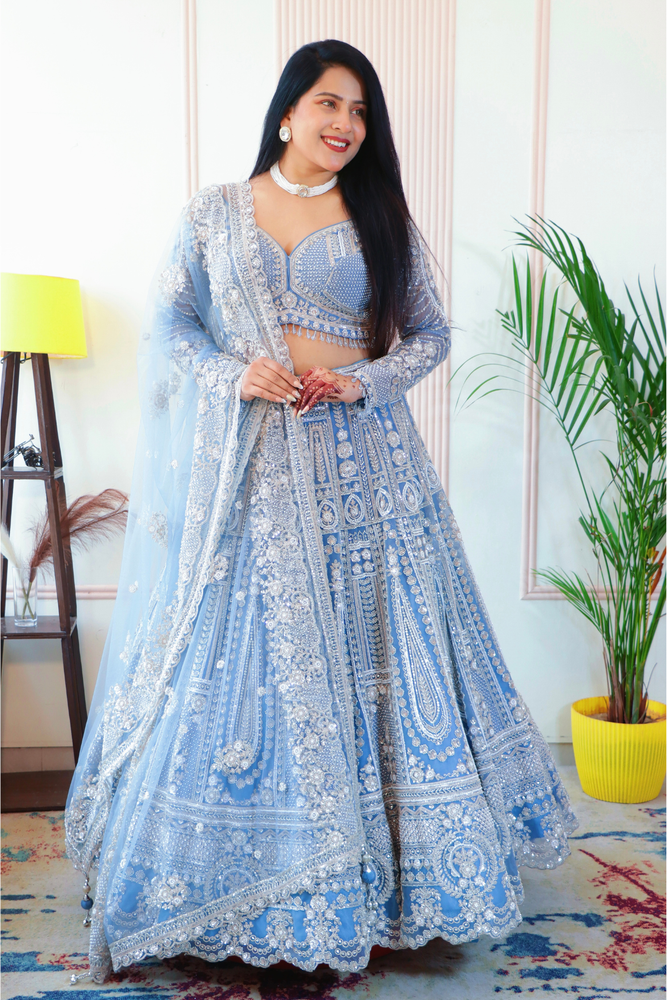 Teal Blue Sparkle Crop Top Lehenga