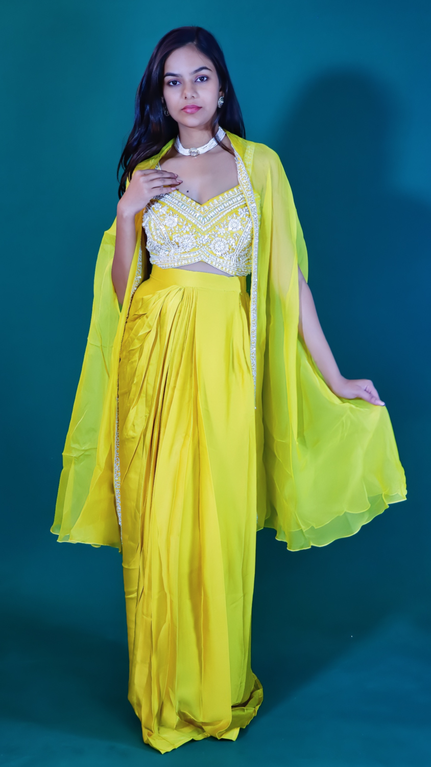 Yellow Satin Silk Dhoti Style Dress with Shrug