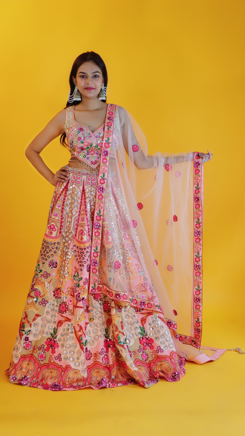 Peach Pink Raw Silk Lehenga