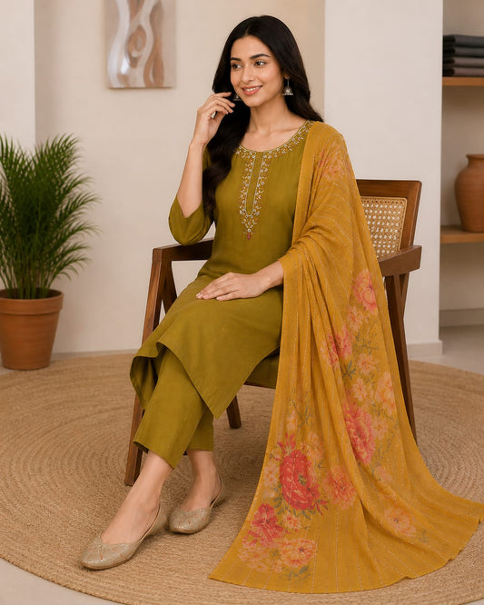 Mustard Bloom Embroidered Kurta Set with Floral Dupatta