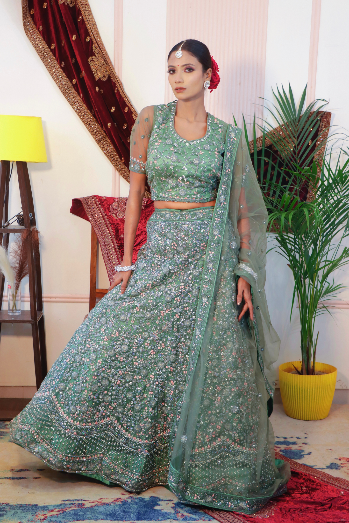 Green Embroidered Bridal Lehenga