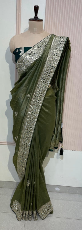 Olive Green Saree with Antique Gold Embroidery