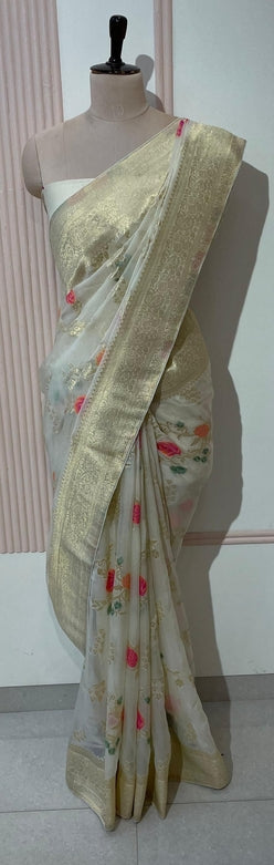 Ivory Banarasi Organza Saree
