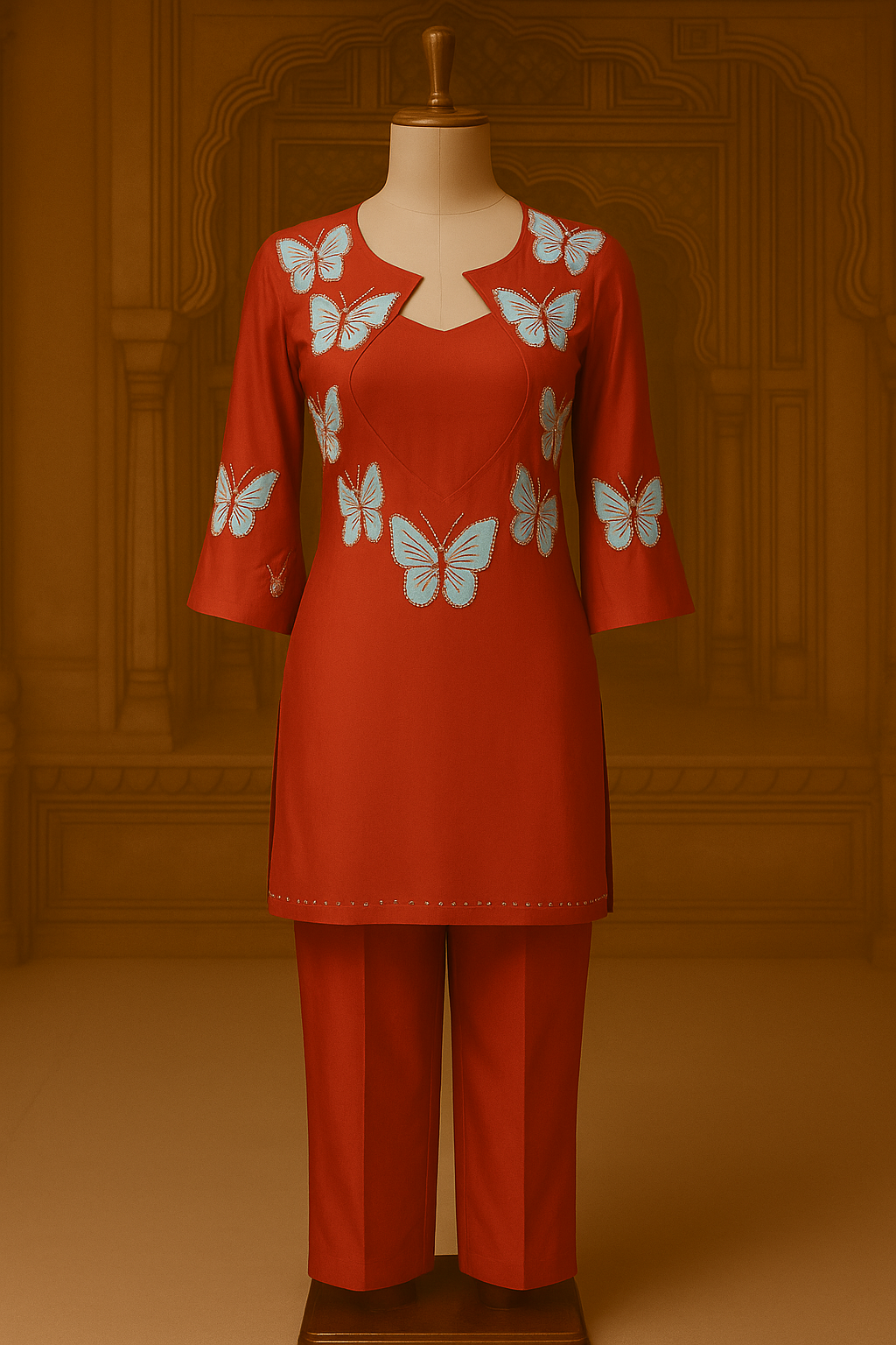 Rust Red with Blue Butterflies