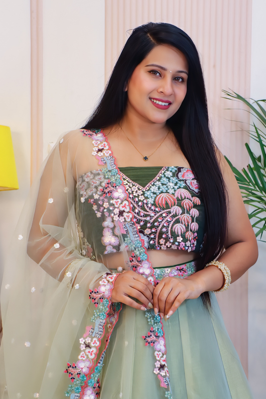 Green Chinnon Silk Unstitched Lehenga