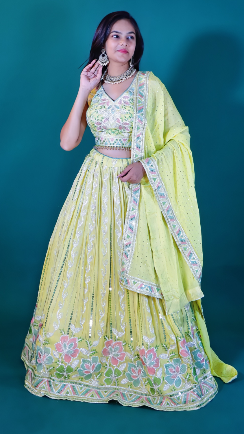 Elegant Yellow Thread Embroidered Lehenga