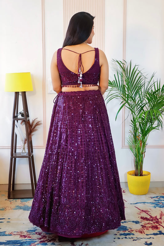 Elegant Wine Net Crop Top Lehenga
