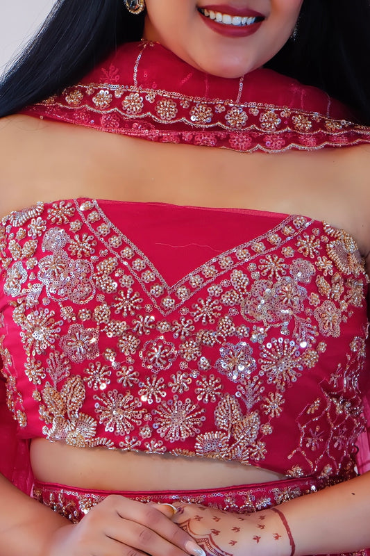 Magenta Pink Net Unstitched Crop Top Lehenga