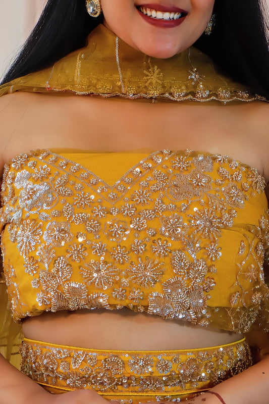 Mustard Yellow Unstitched Crop Top Lehenga