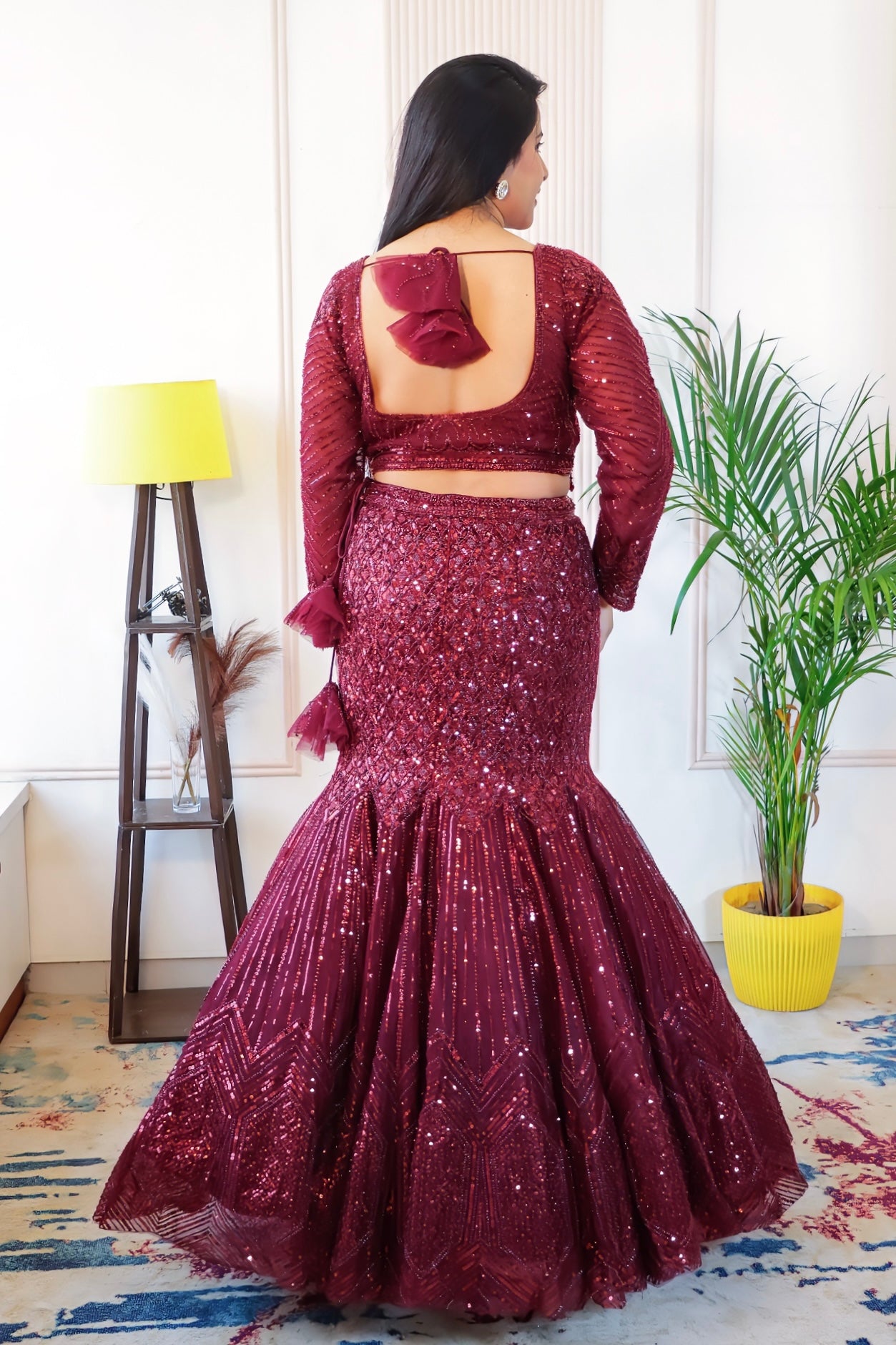 Maroon Net Fish Cut Lehenga