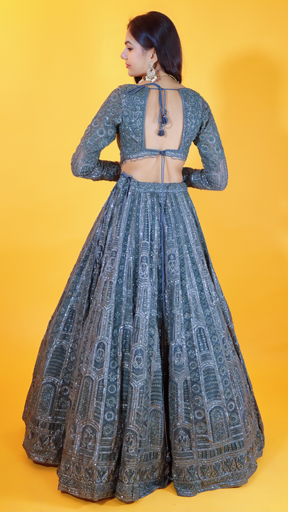 Green Lehenga with Thread Embroidery