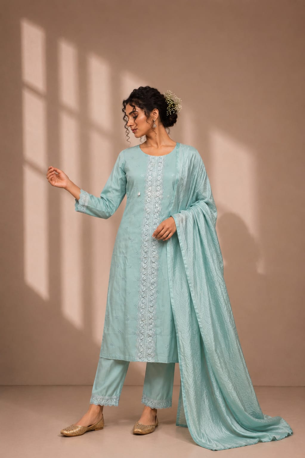 Blue Chanderi Silk Kurti with Pant & Dupatta