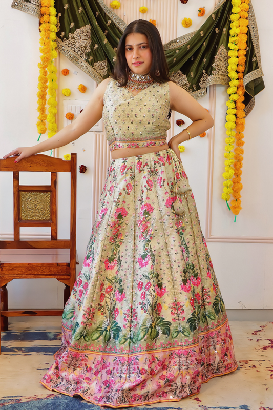 ivory Floral Print Lehenga