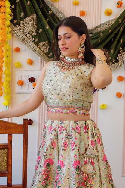 Ivory Floral Print Lehenga
